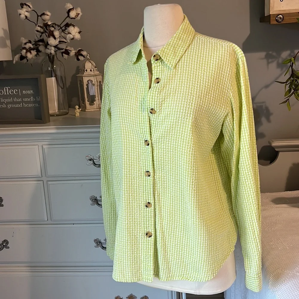Vintage Bedford Fair Lifestyles Lime Green 90s Seersucker Checked Blouse Women M - Picture 6 of 9